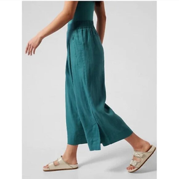 Athleta Playa Linen Wide Leg Crop Borealis Green Blue Pull On Pant - Picture 2 of 10